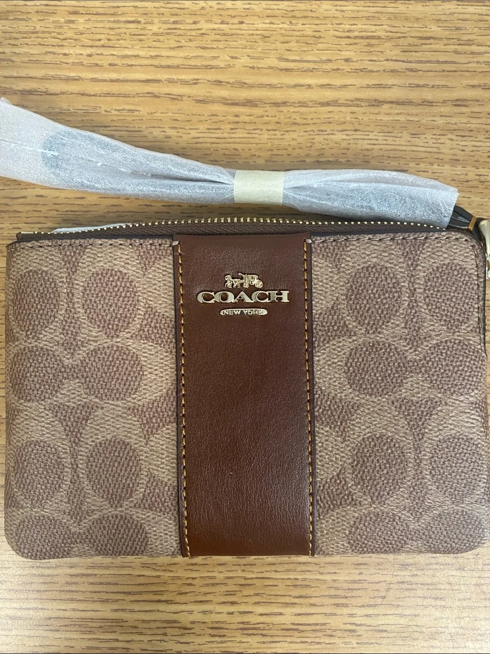 Coach Brown Signature Canvas Wristlet with Leather Trim